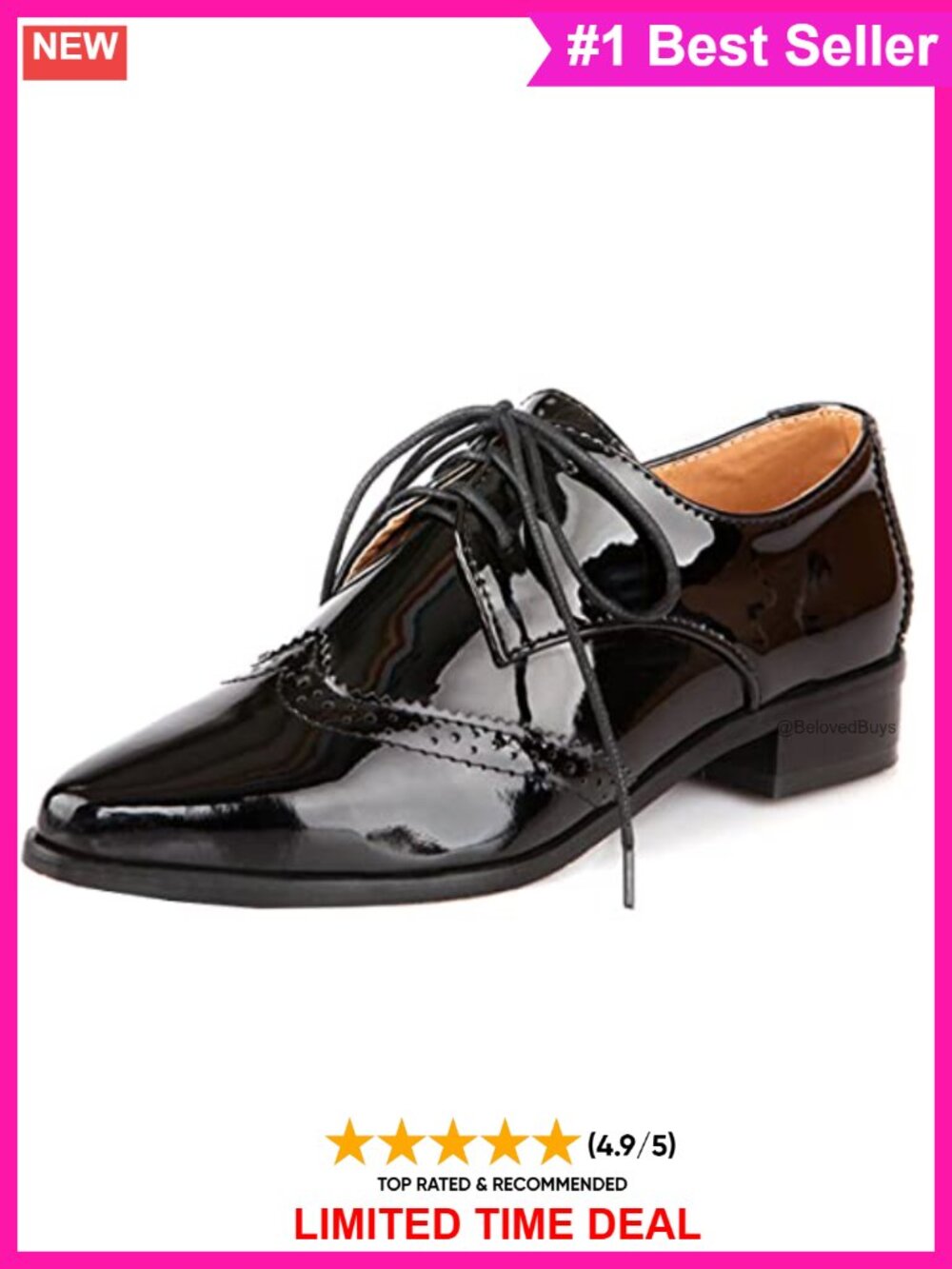 Patent Leather Pointed Toe Lace Up Low Heels Wingtip Oxford Pumps Dress Shoes